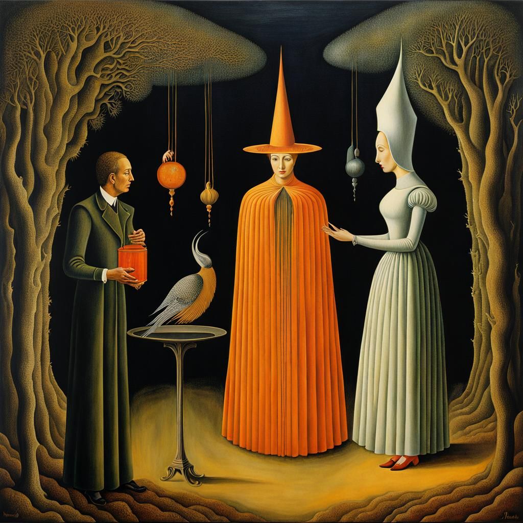 Woman Meets Magician: Surreal Oil on Canvas