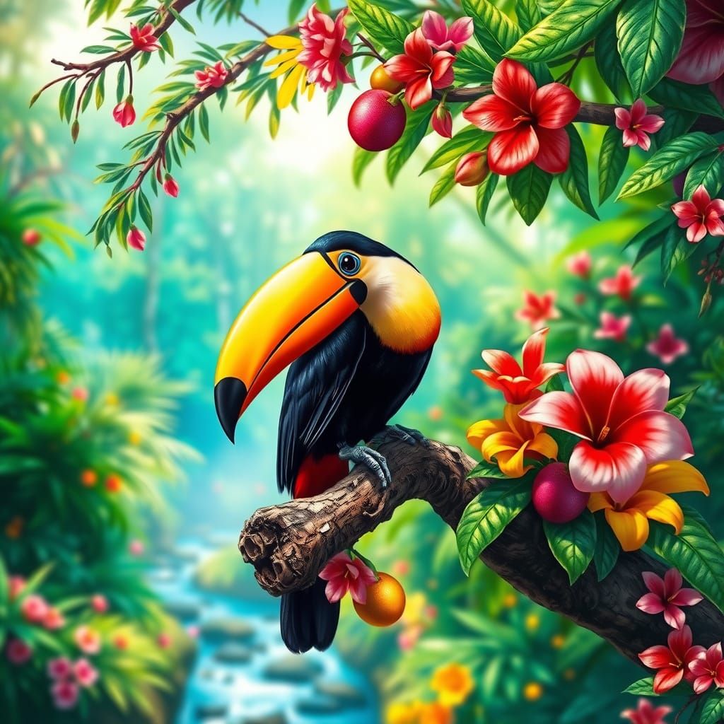 Vibrant Rainforest Toucan in Anime-Inspired Art