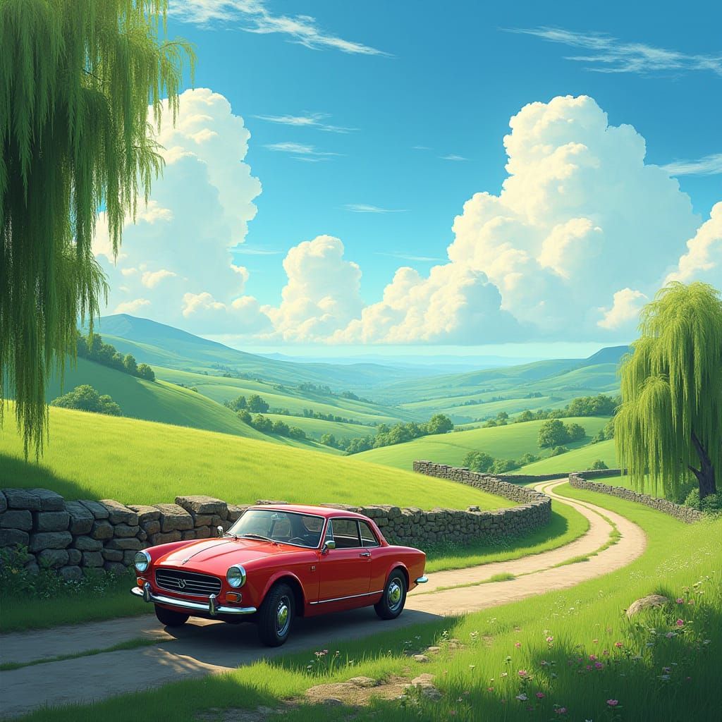 Vintage Car in Lush Meadow Landscape