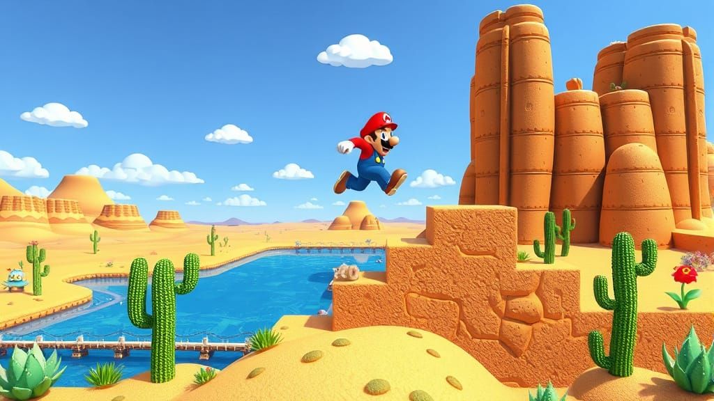Mario Runs Down Desert Landscape with Desert Cactus and Lake