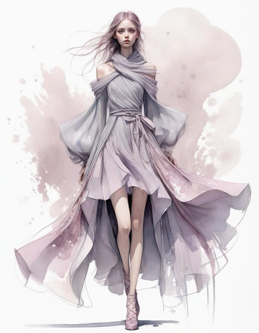 Ethereal Anime Fashion Sketch in Grey and Mauve