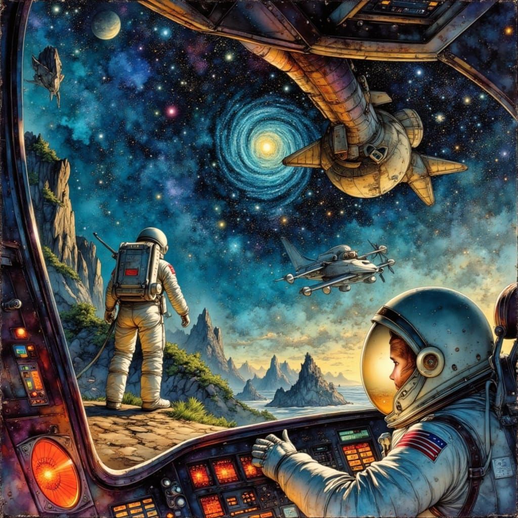 Astronaut Views Nebula in Ukiyo-e Splash Art Style