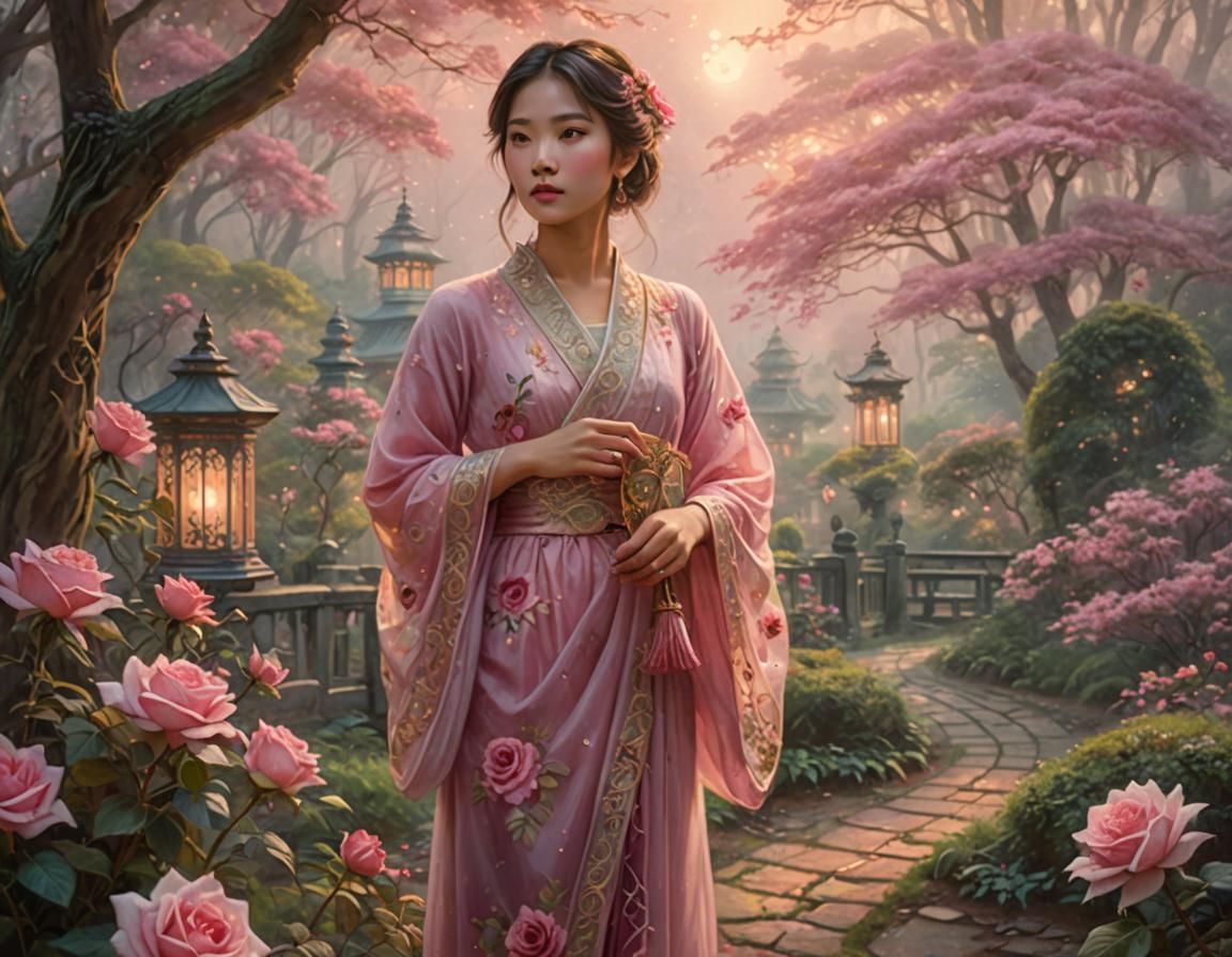 Ethereal Asian Woman in Mystical Forest, Magic Realism