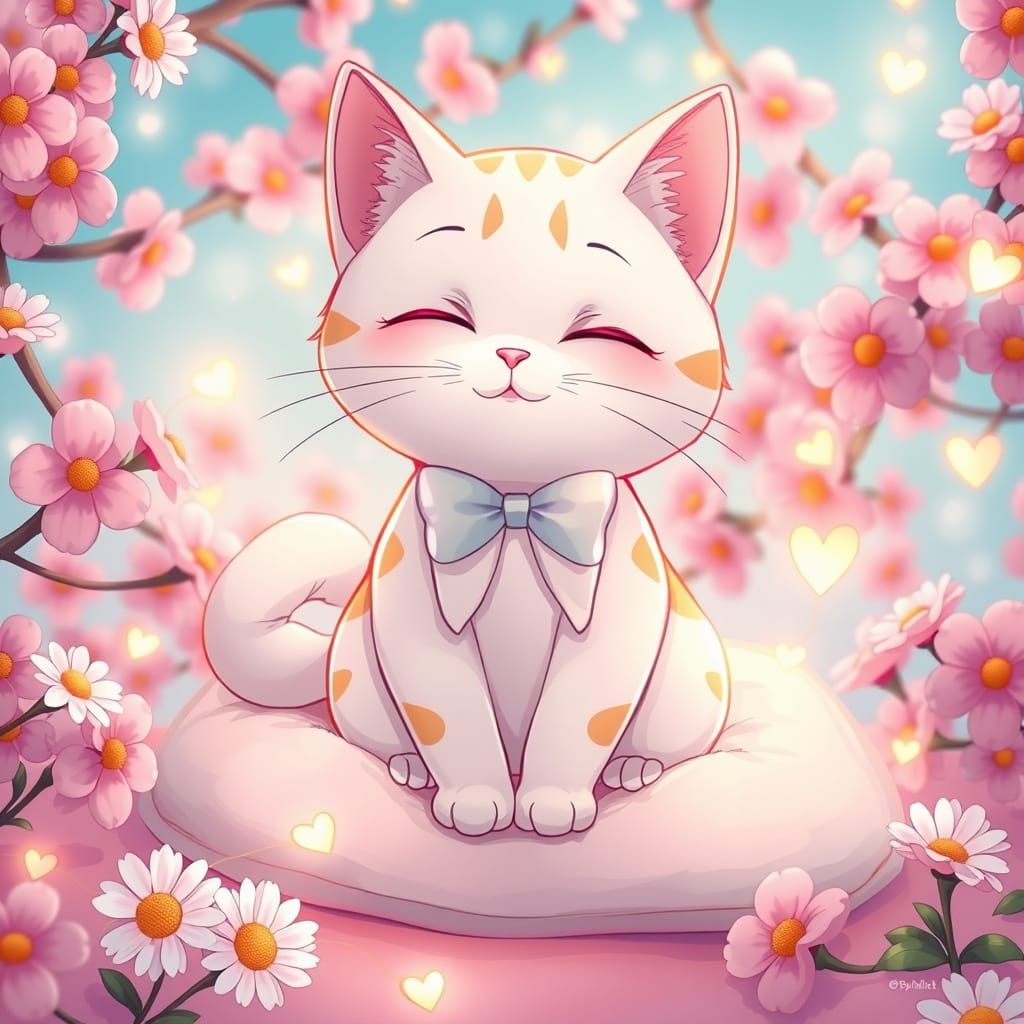 Anime Cat with Bow Tie in Floral Setting