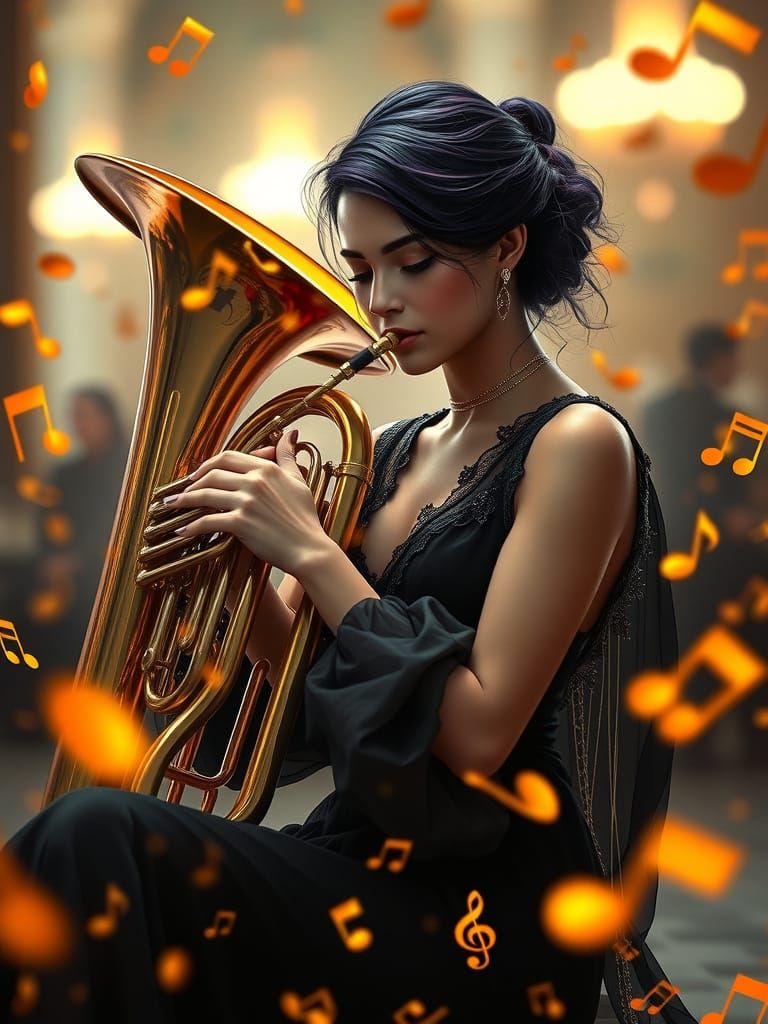 Woman with Purple Hair Playing Tuba, Hyperrealistic Art