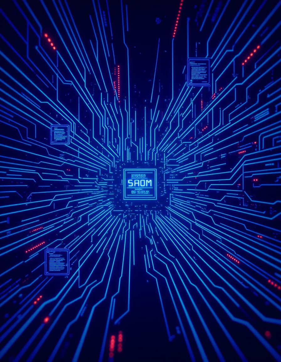 Neon Blue Circuit Network in Dark Void with Data Nodes