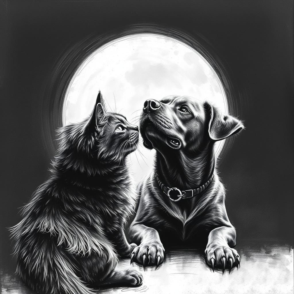 Hyperrealistic Charcoal Drawing of a Cat and Dog Cuddling