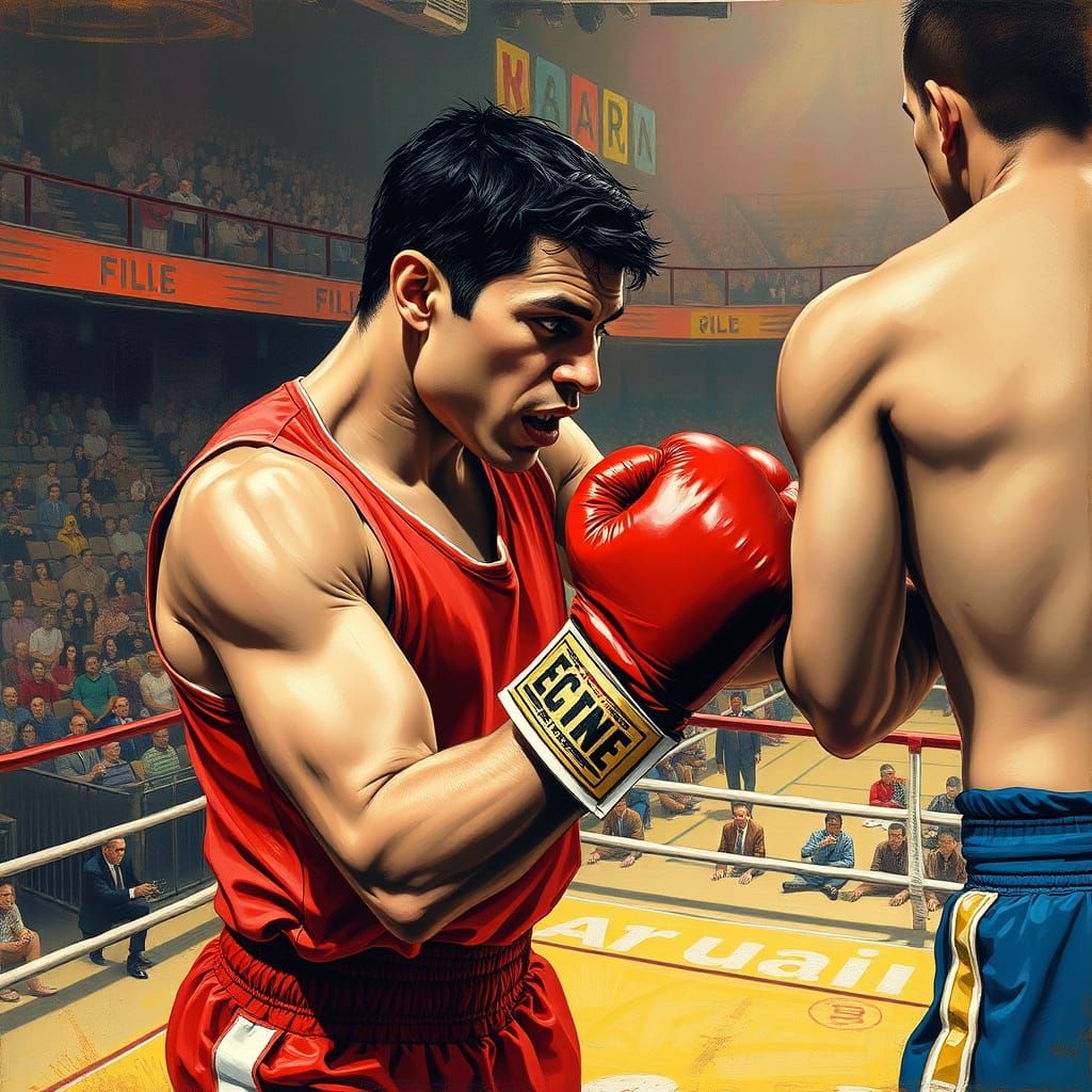 Boxer in Stadium: Surrealist Art Style