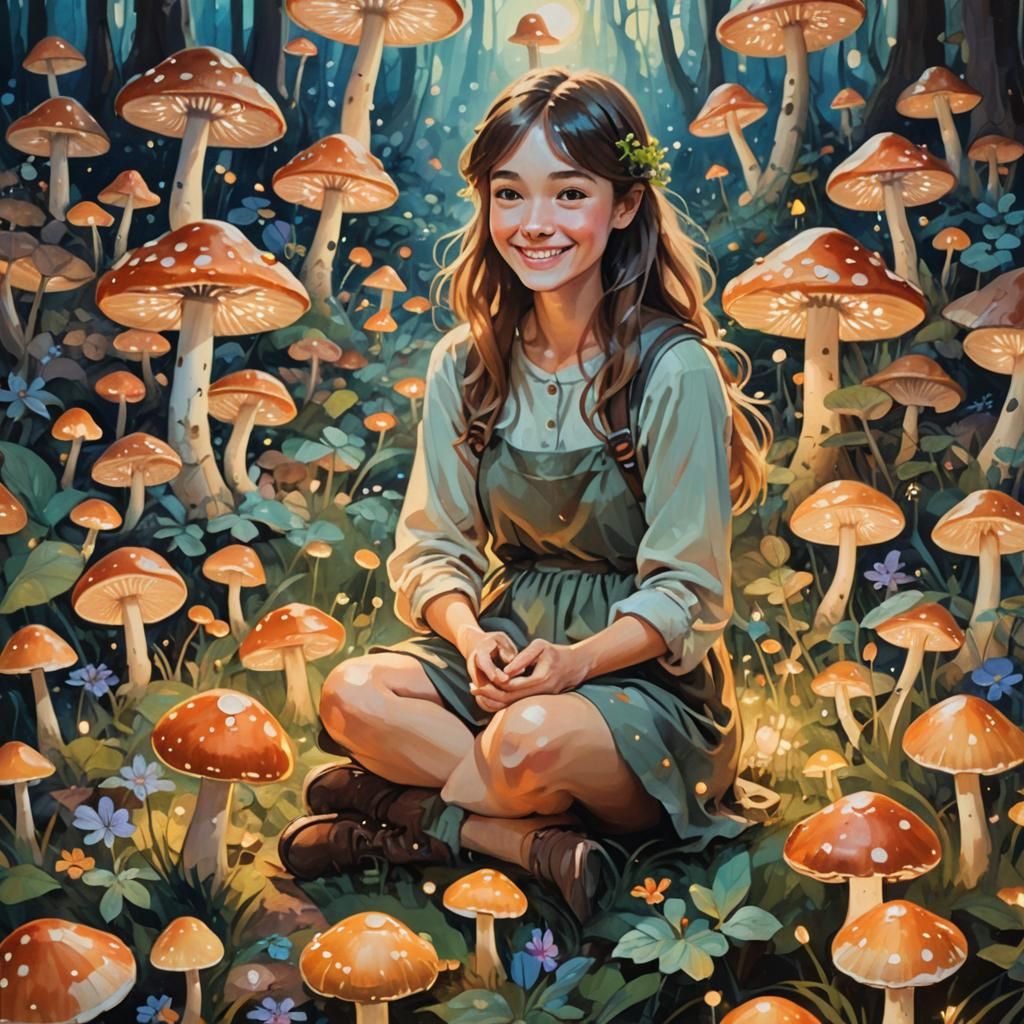 Woman in Mushroom Patch Oil Painting