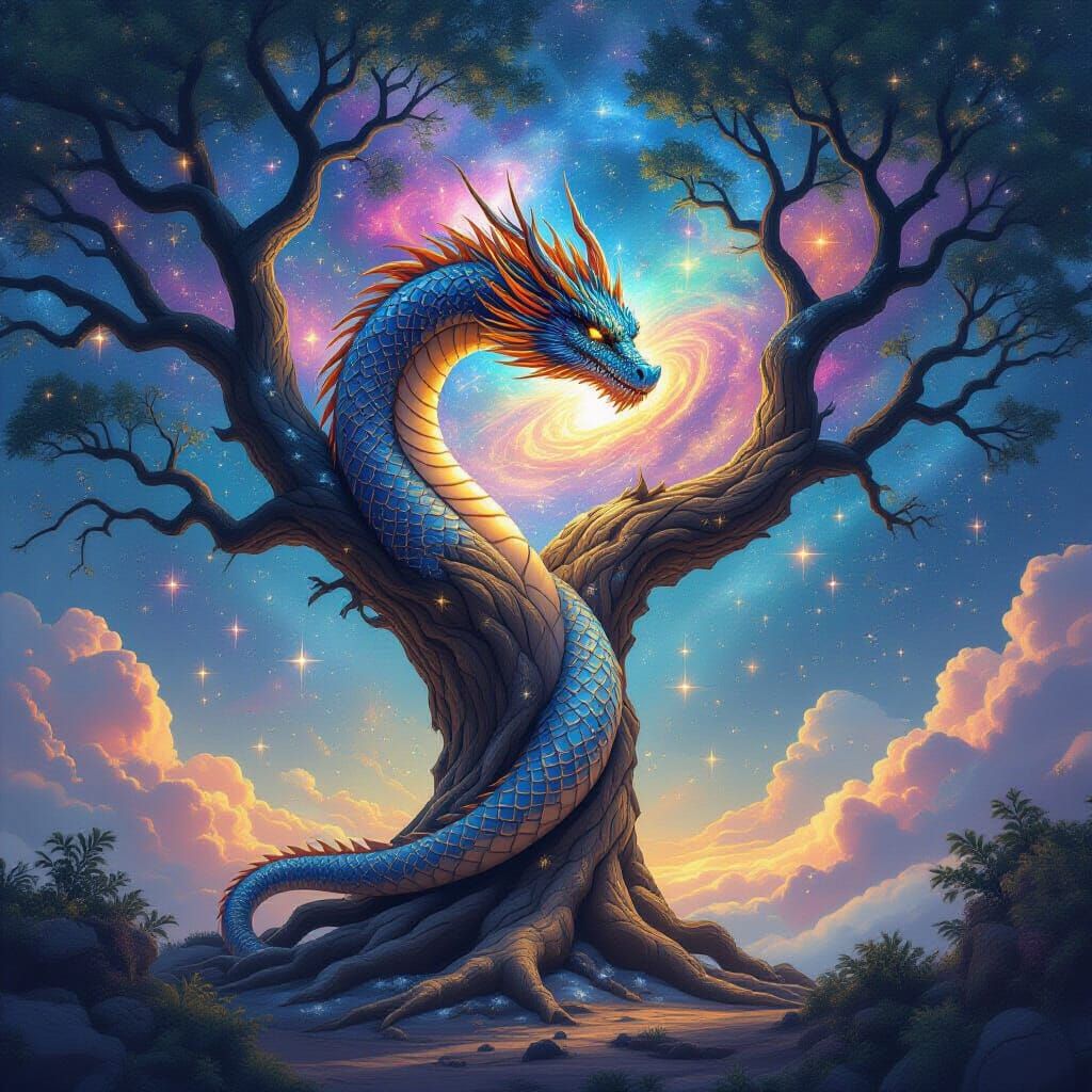 Celestial Dragon Coiled Around Ancient Cosmic Tree