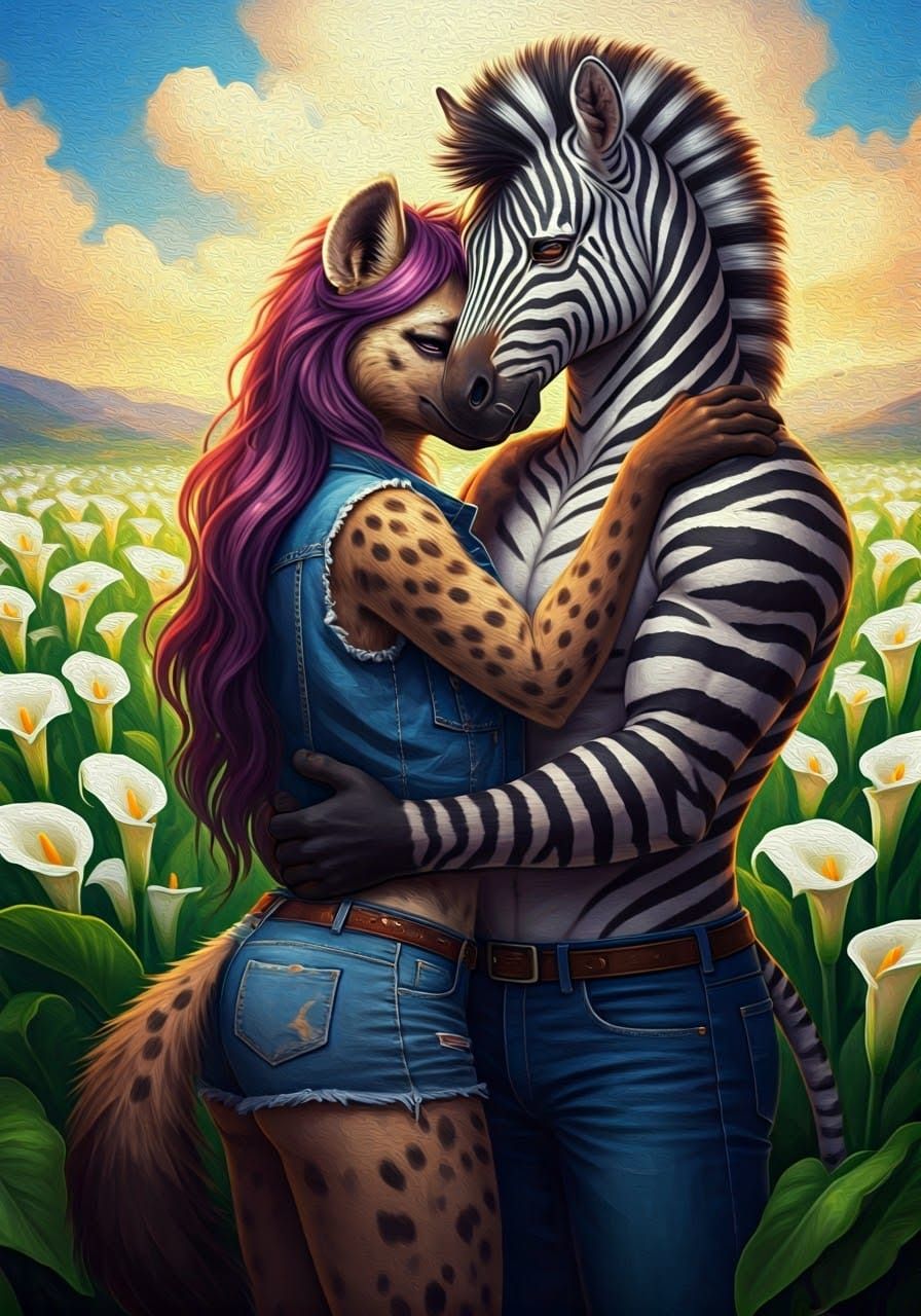 Romantic Impasto Masterpiece of Hyena and Zebra in Lush Fiel...