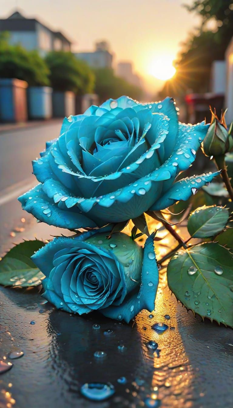 Radiant Aqua Rose on Street with Sunset