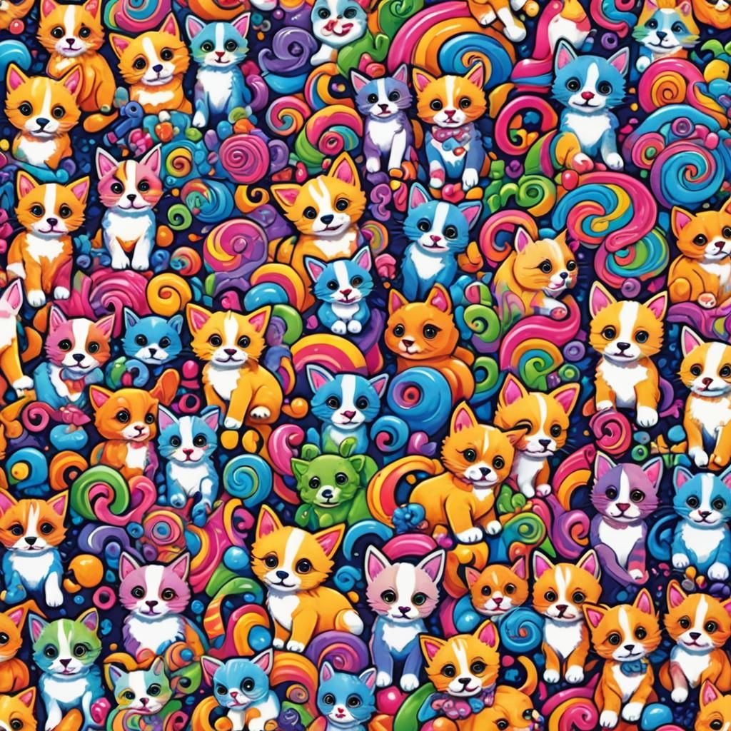 Lisa Frank Style Puppies and Kittens in Candyland