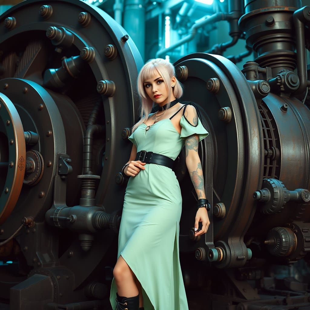 Gothic Lady with Steampunk Engine in Sci-Fi Style