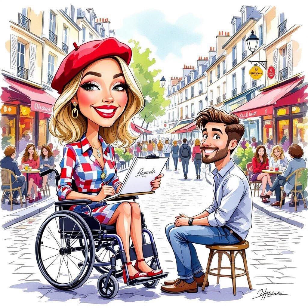Paraplegic Artist Sketches Man in Montmartre Square