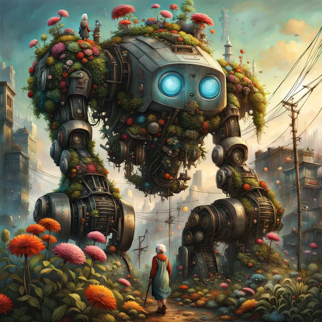Grandma and Robot Garden, Detailed Digital Art