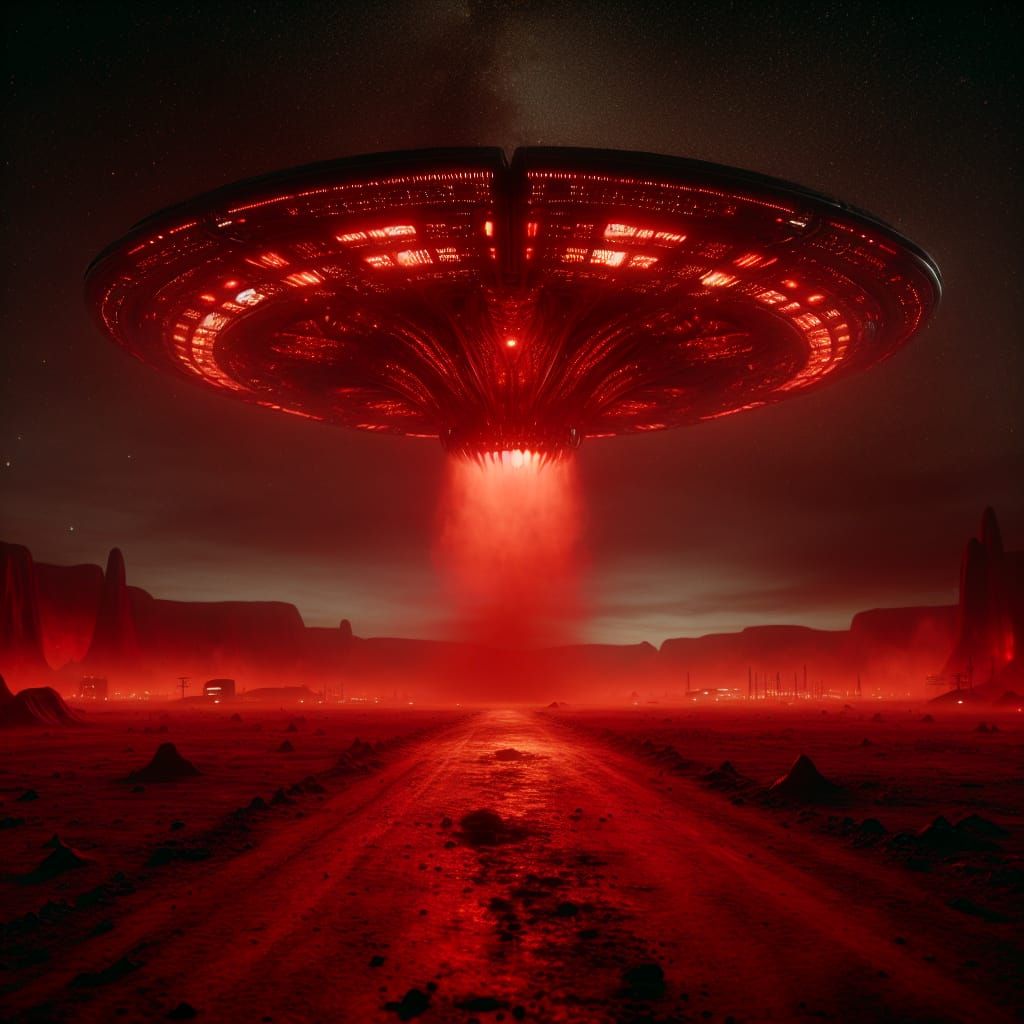 Dystopian Landscape with Red Moon and Spaceship