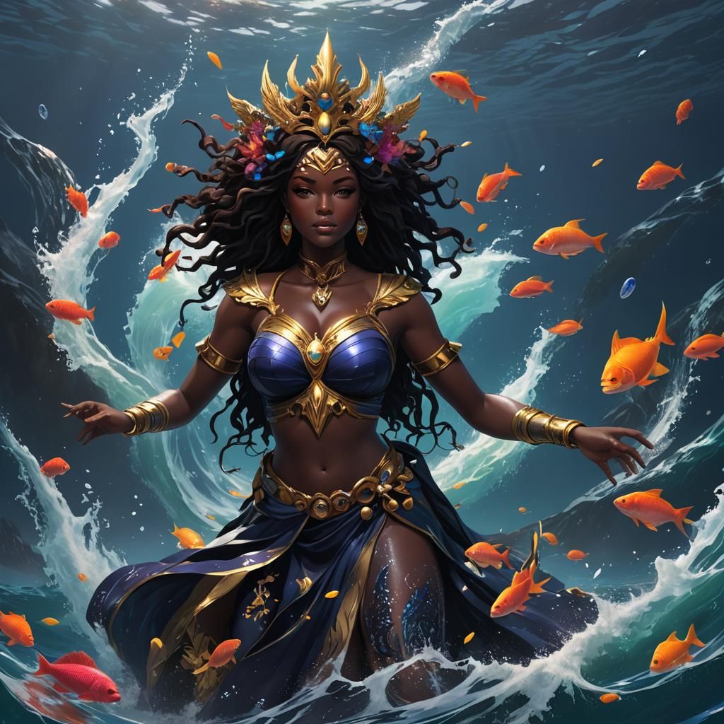Iemanja: Dark-Skinned Sea Goddess in Anime Art