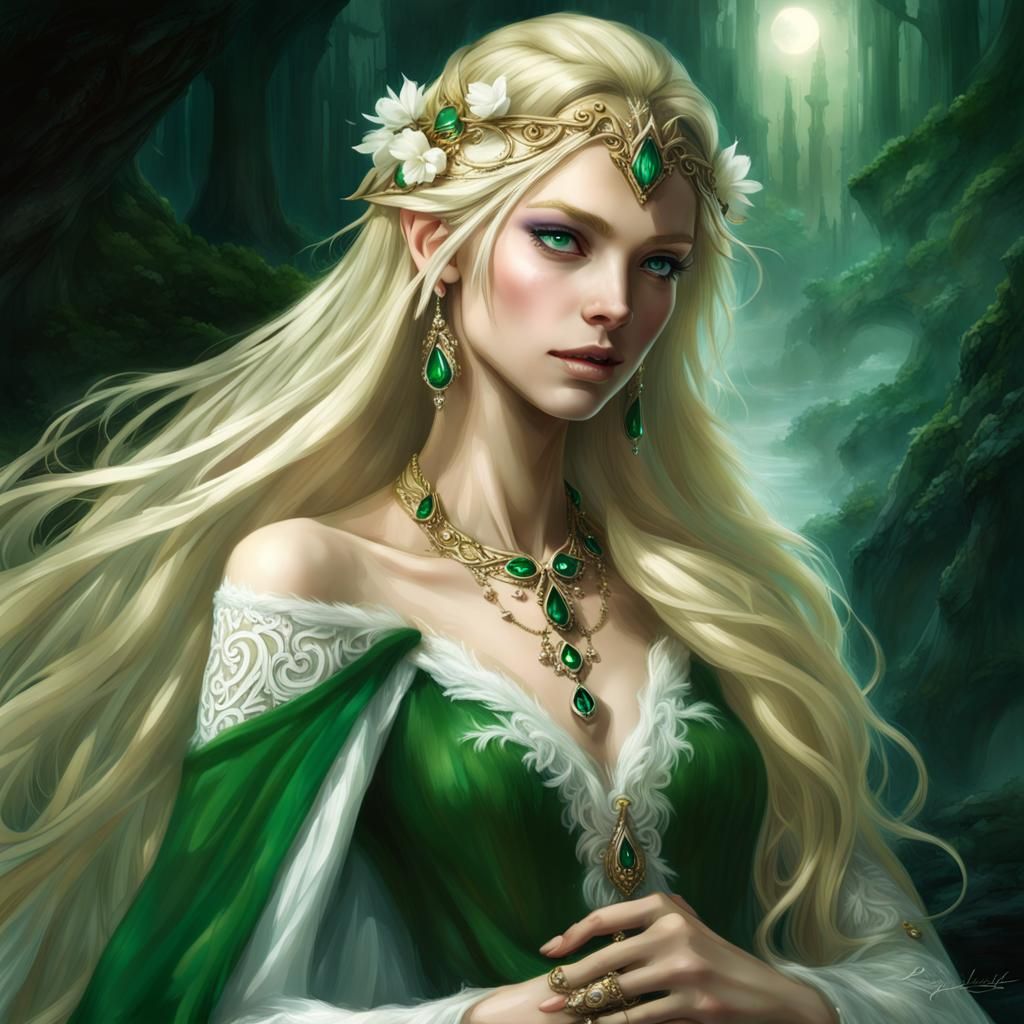 Gorgeous Elf Princess in Green and White Dress