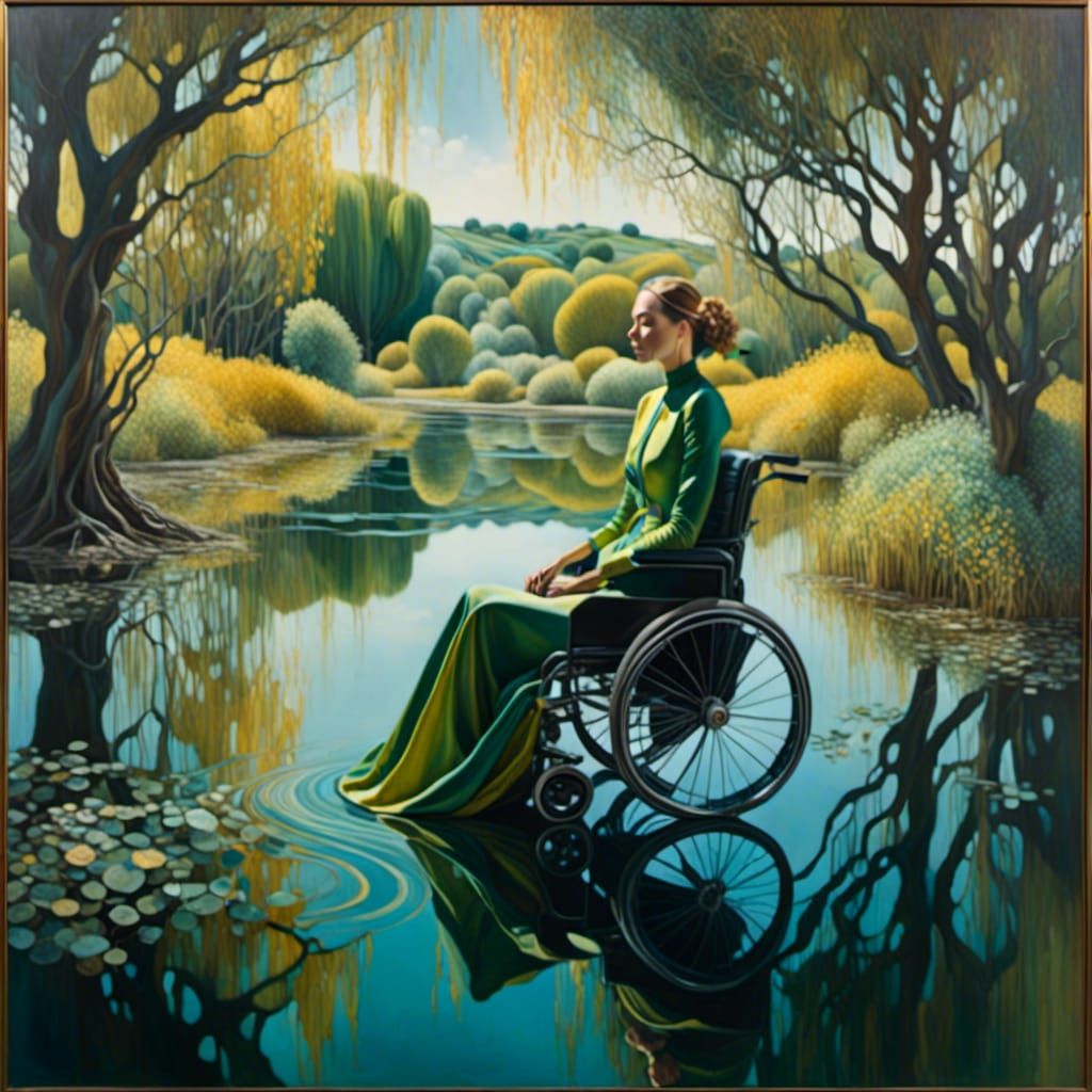 Surreal Portrait of a Plump Woman in a Wheelchair near a Lak...