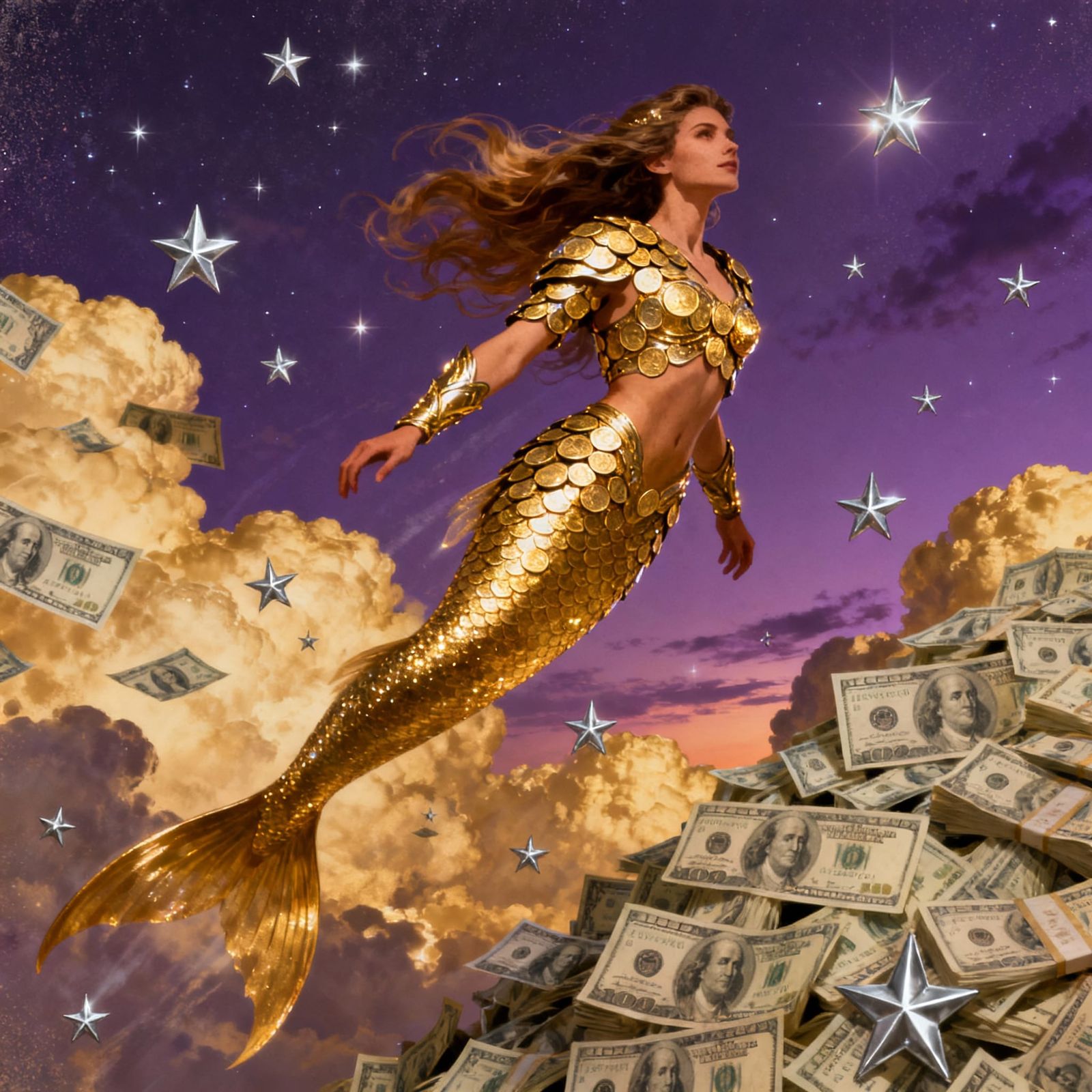 Mermaid Soars Through Twilight Sky in Gold Coin Armor