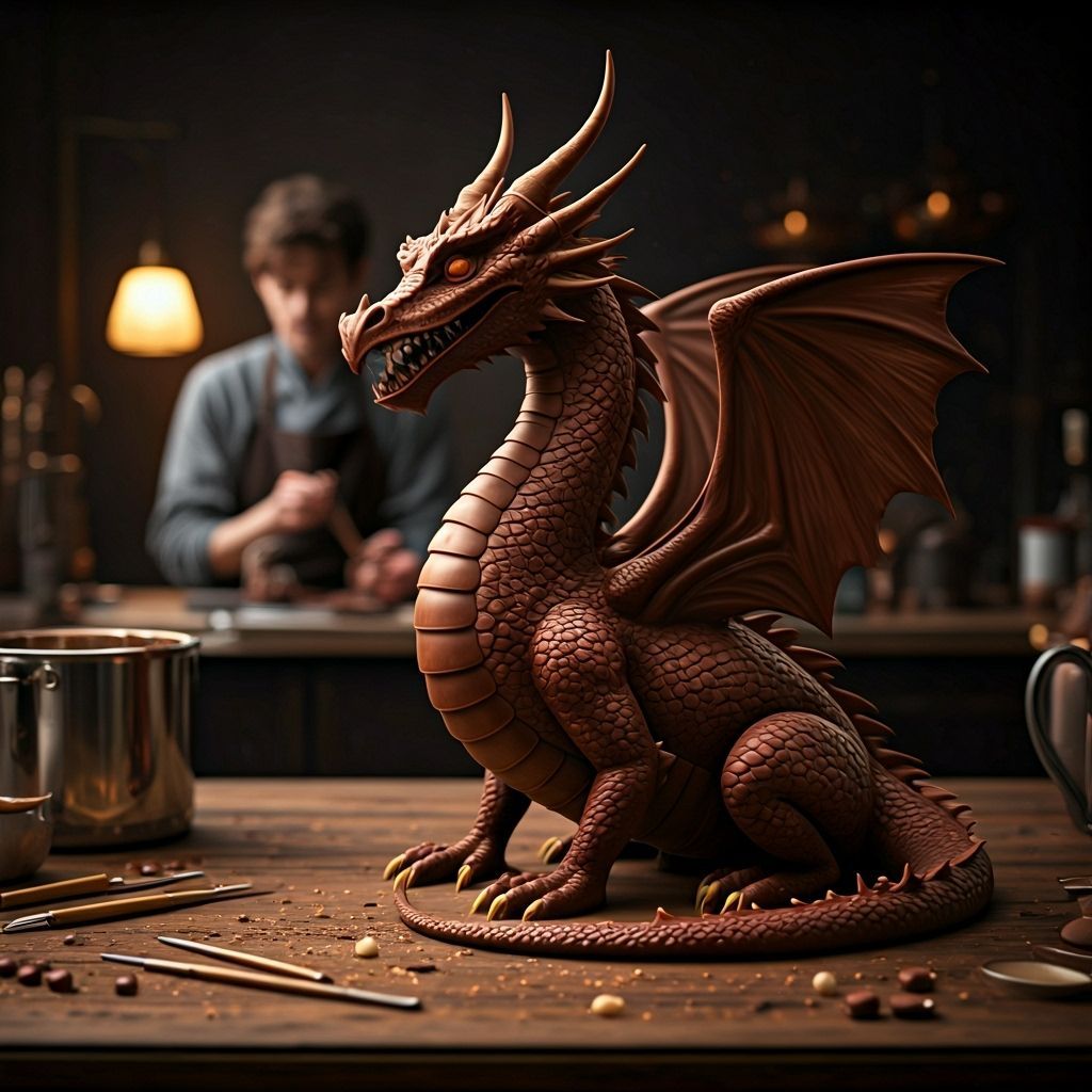 Intricate Chocolate Dragon Sculpture on Wooden Table