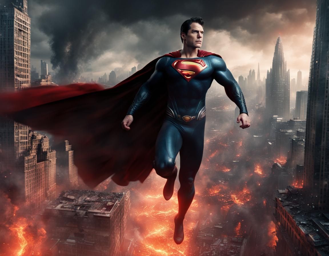 Superman in Black Costume Over Destroyed Metropolis