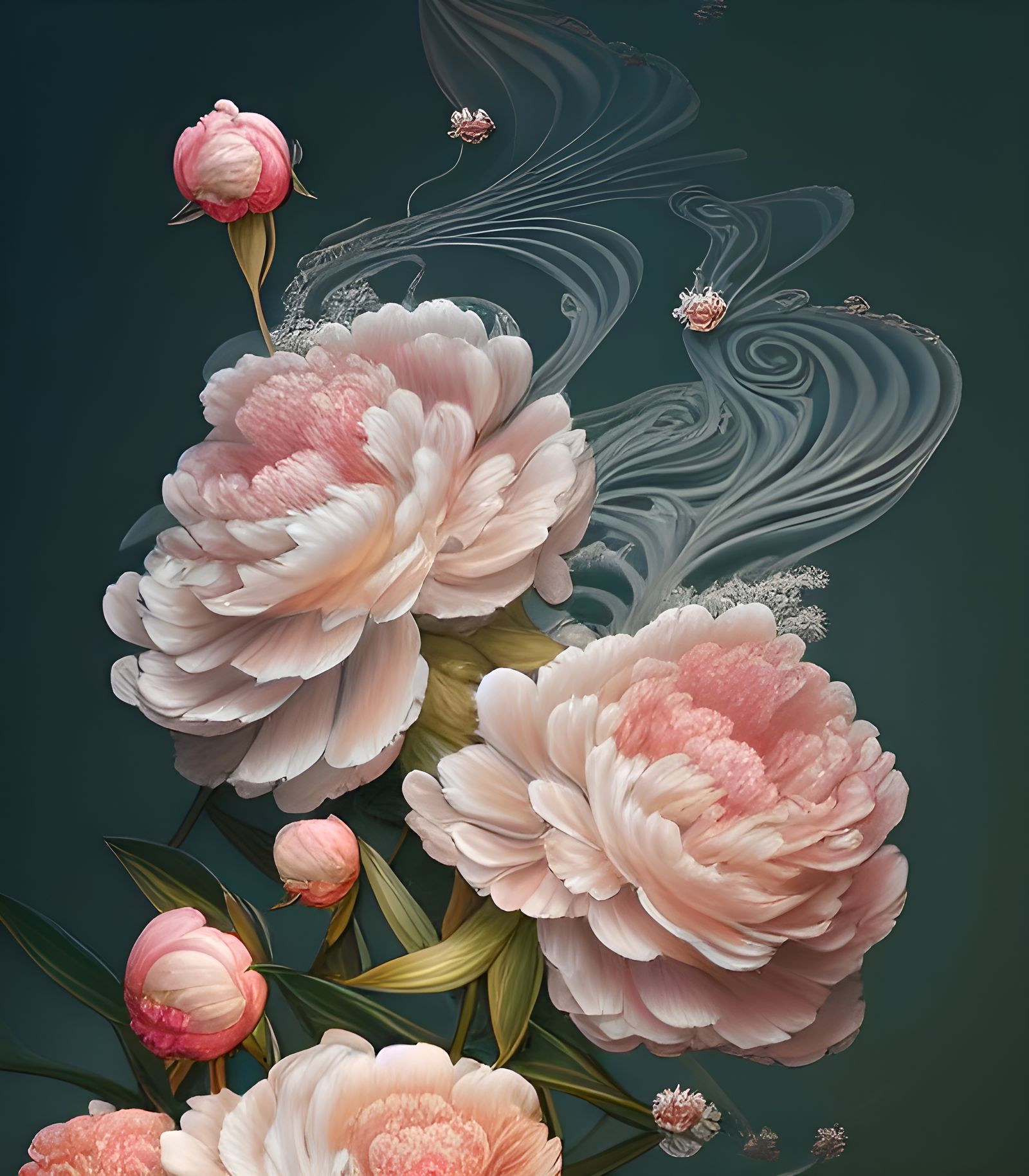 Cascading Peonies Ink Illustration in Liquid Glass