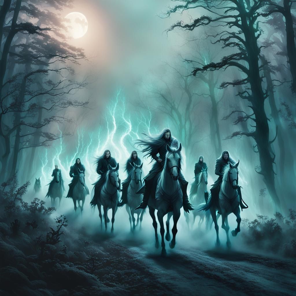 Ghostly Riders of the Wild Hunt in Ethereal Forest