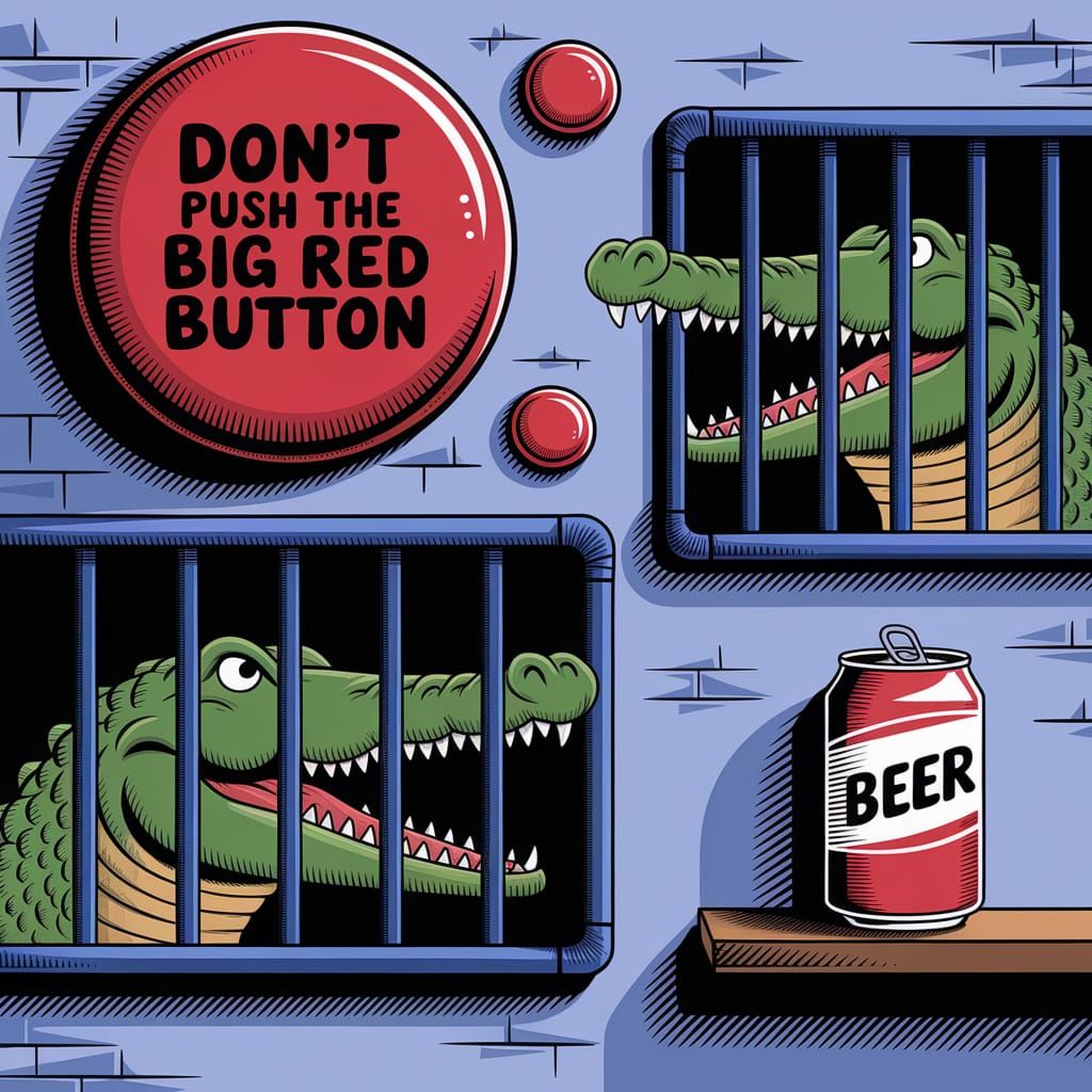Dramatic Scene of Crocodiles Behind Bars with Beer