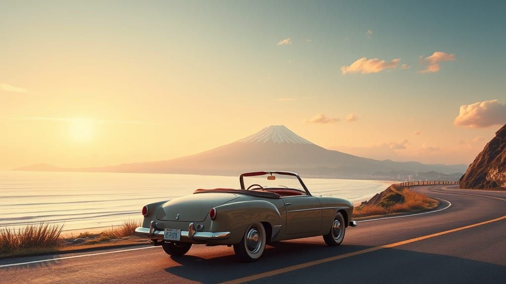 Vintage Convertible Car on Winding Road with Mt. Fuji View