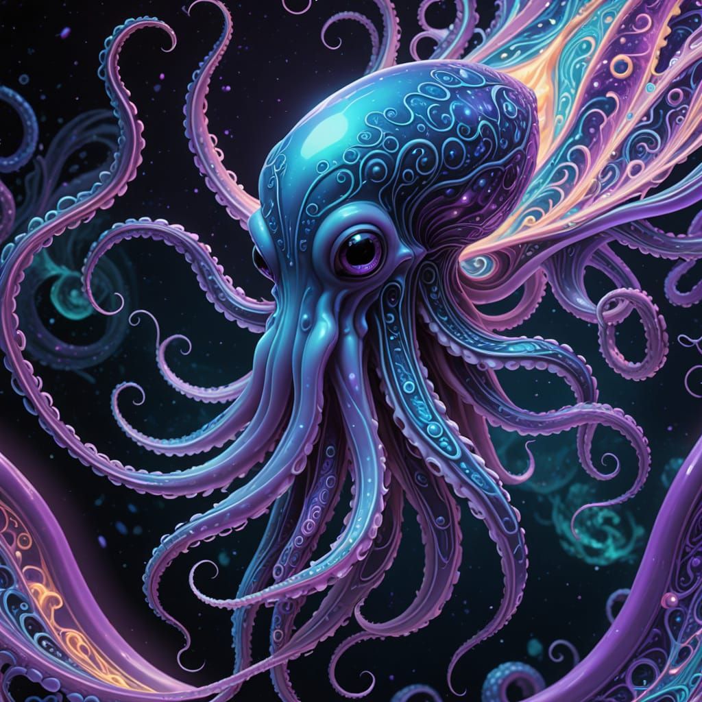 Surreal Cosmic Squid Emerges from Swirling Vortex in Fractal...