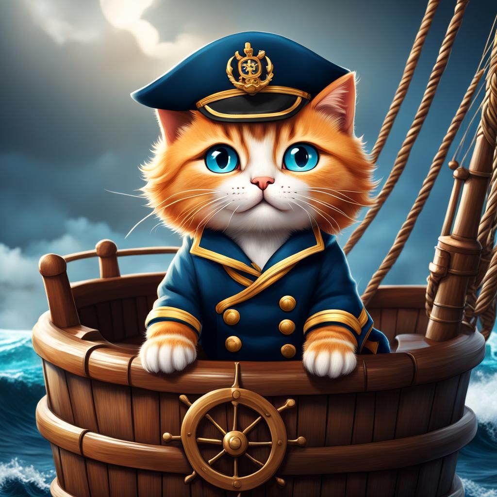 Chibi Ginger Cat Captain on Stormy Seas