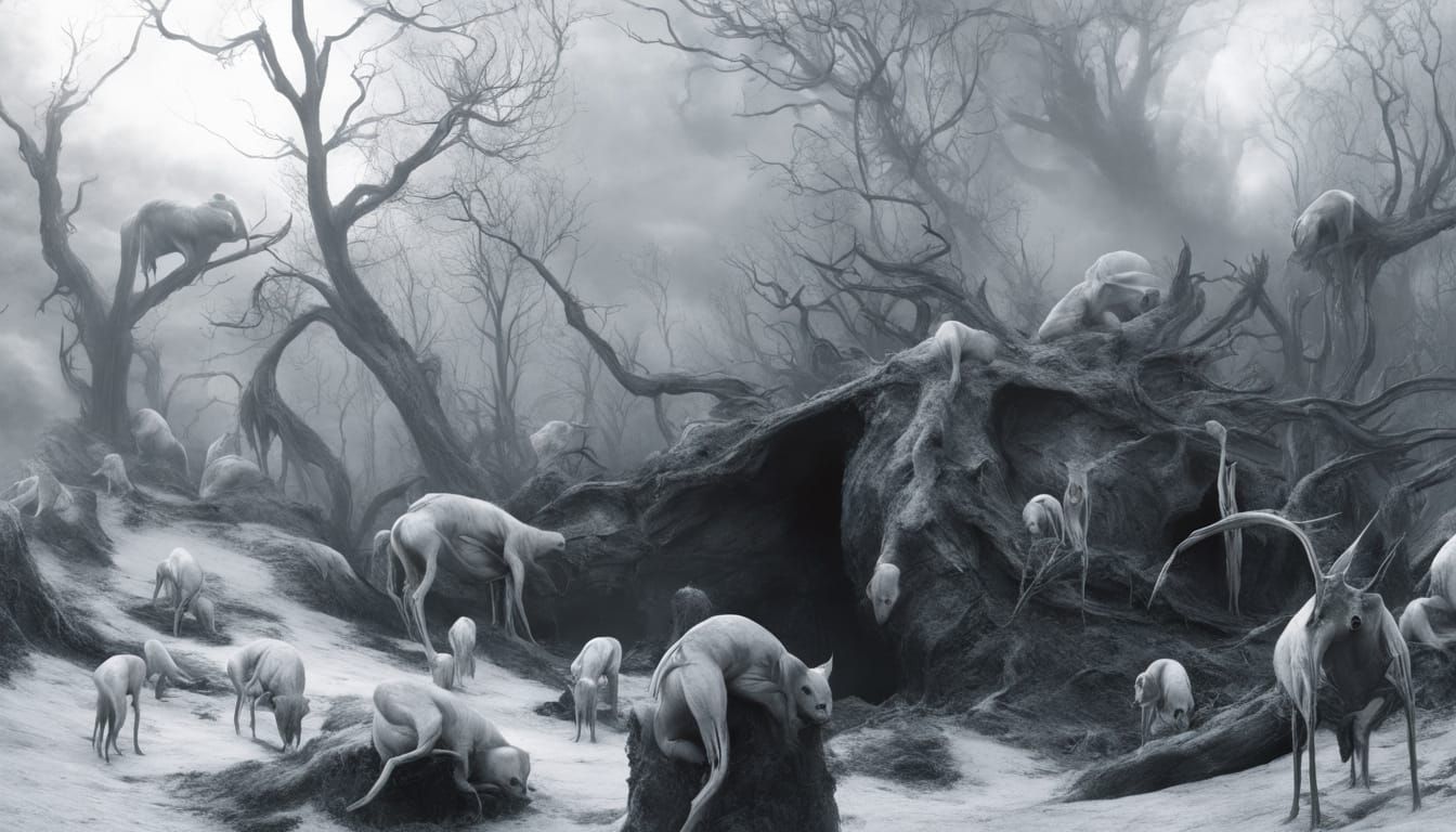 Eerie Dystopian Surrealism: Lone Figure in Alien Landscape