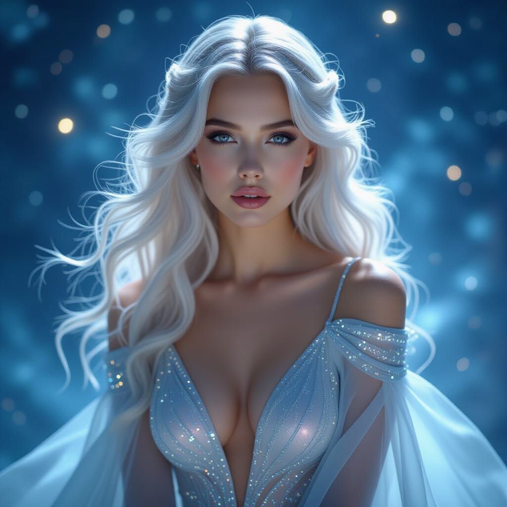 Celestial Goddess with Silver Hair in Dreamy Nebula