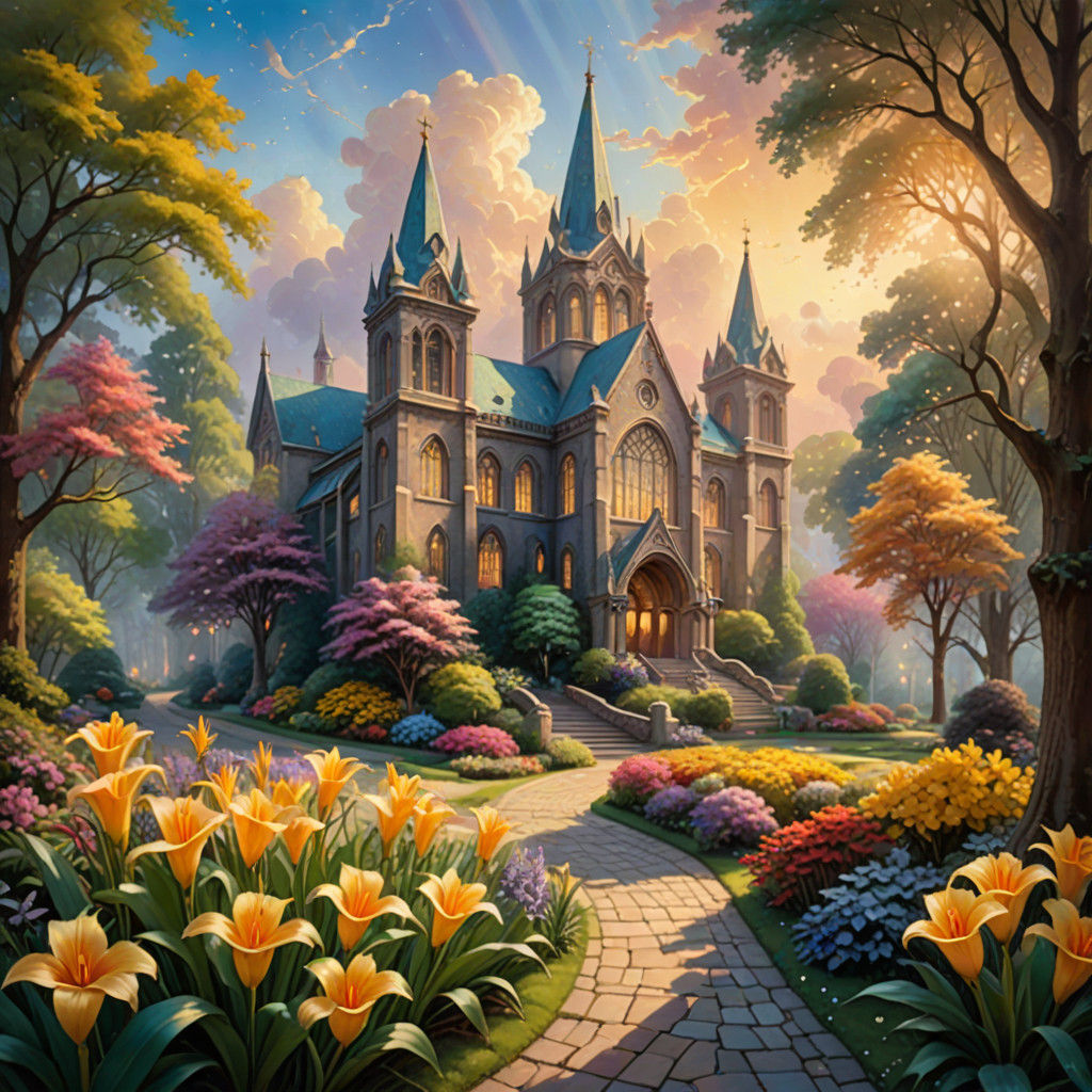 A cathedral building with intricate stain glass windows and a small vibrant yellow-Canna Lily flower in the center, surr...