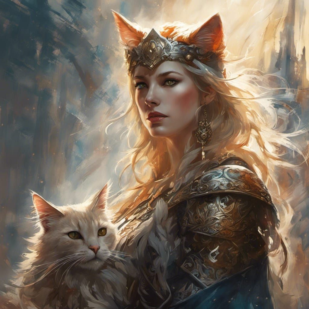 Freya, Norse Goddess, with Cats: Watercolor Art