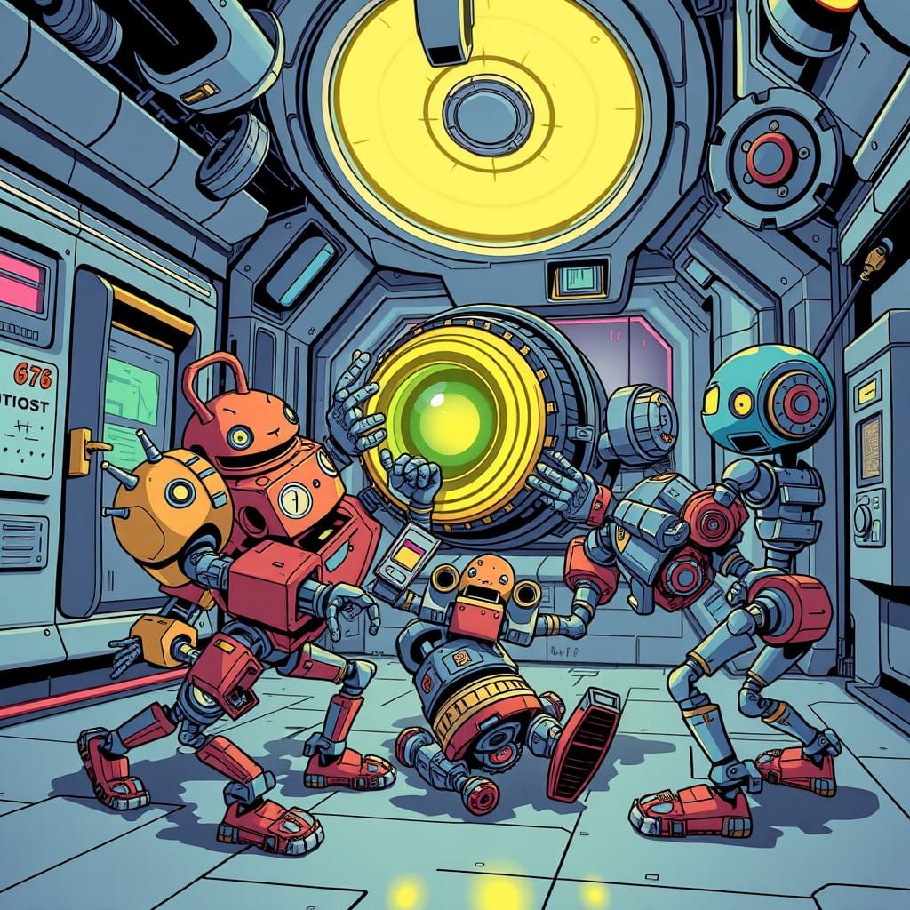 Humorous Robot Heist in a Futuristic Museum
