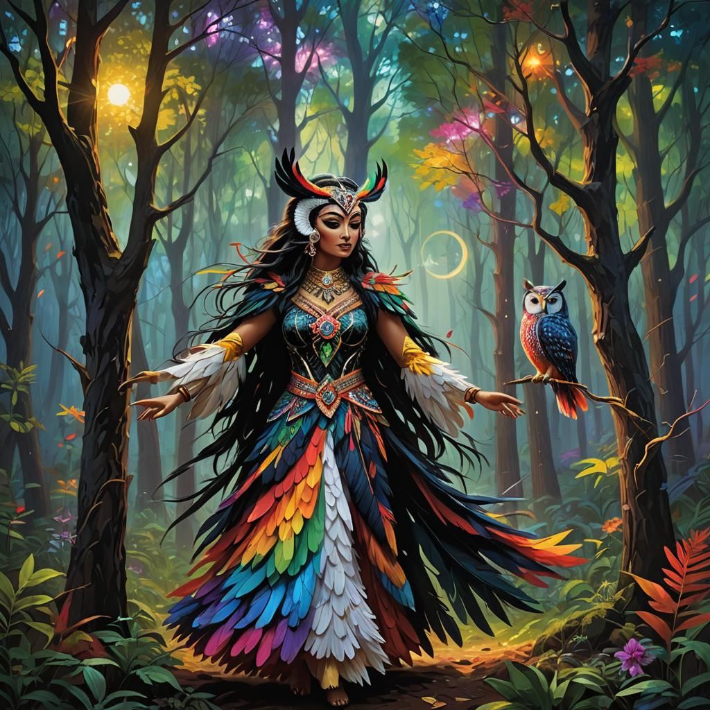 Mystical Forest Scene with Rainbow Owl in Cubist Style