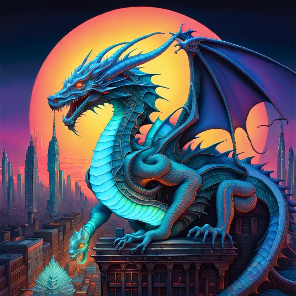 Bioluminescent Dragon Over Dada-Punk Metropolis