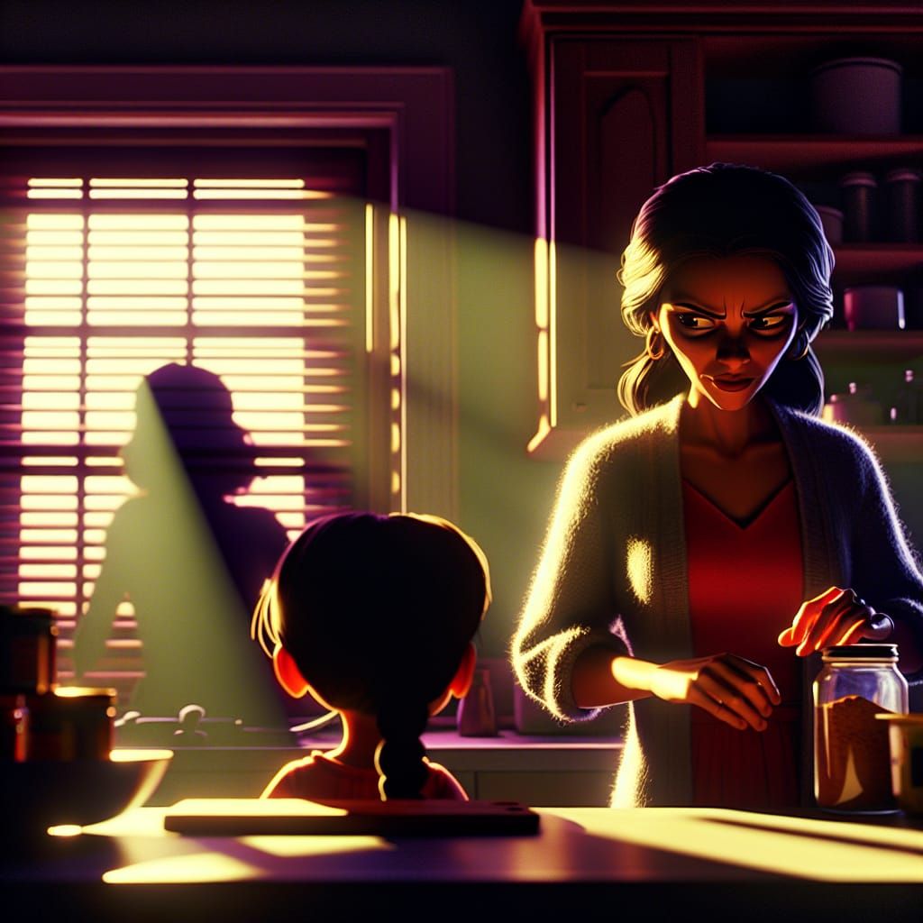 Mother Secretly Takes Spice Jar in Shadowy Kitchen