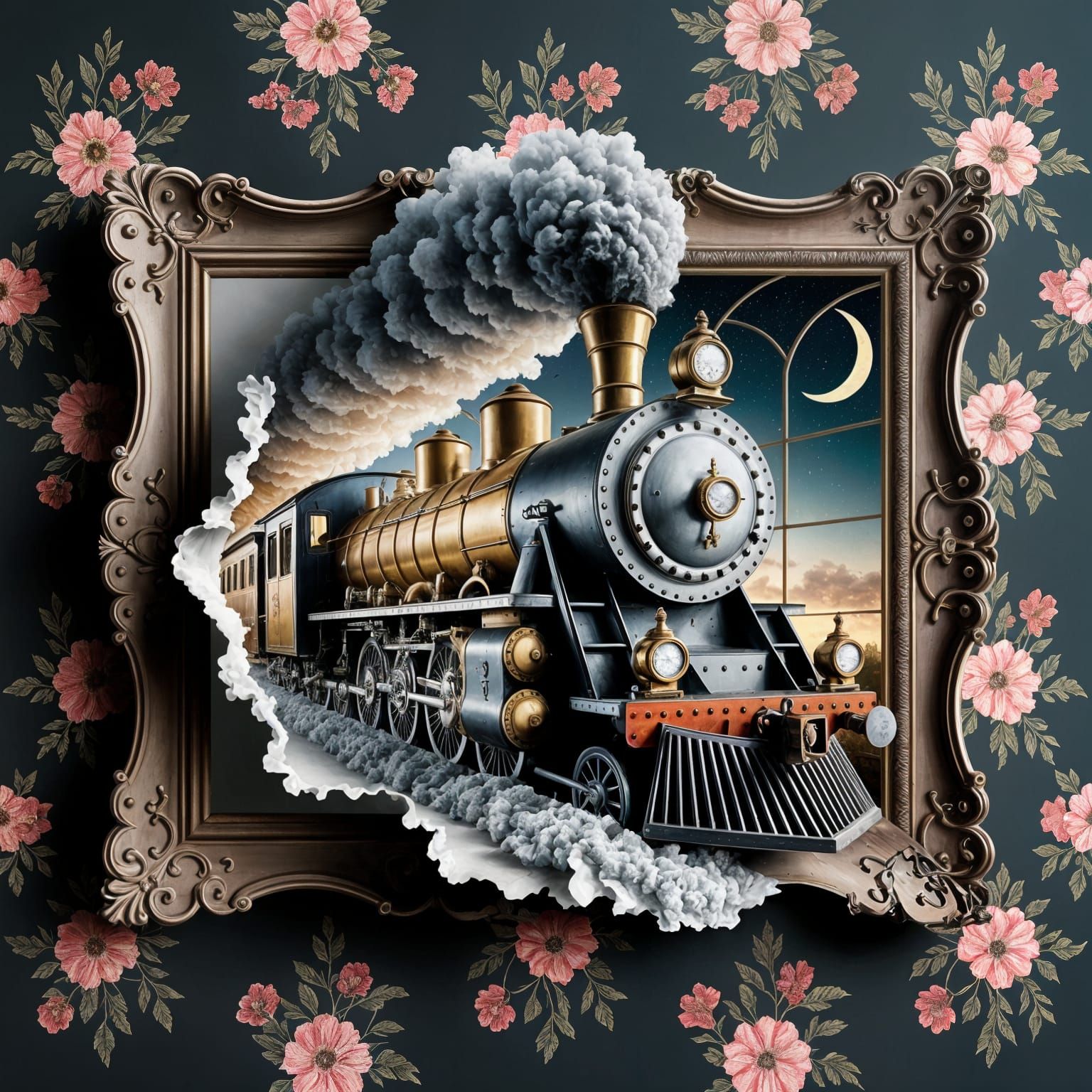 Surreal Steampunk Scene: Vintage Train Emerges from Whimsica...