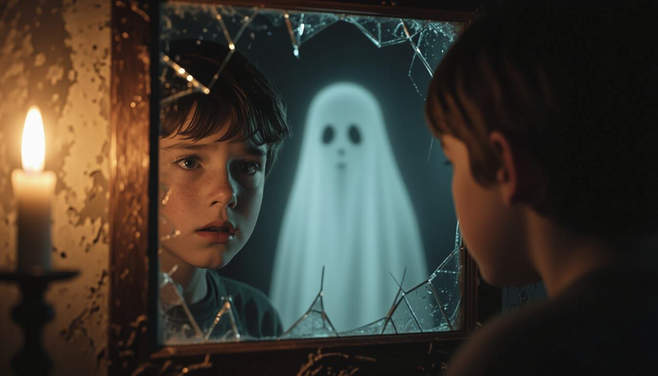 Boy's Fearful Face in Cracked Mirror with Ghostly Reflection
