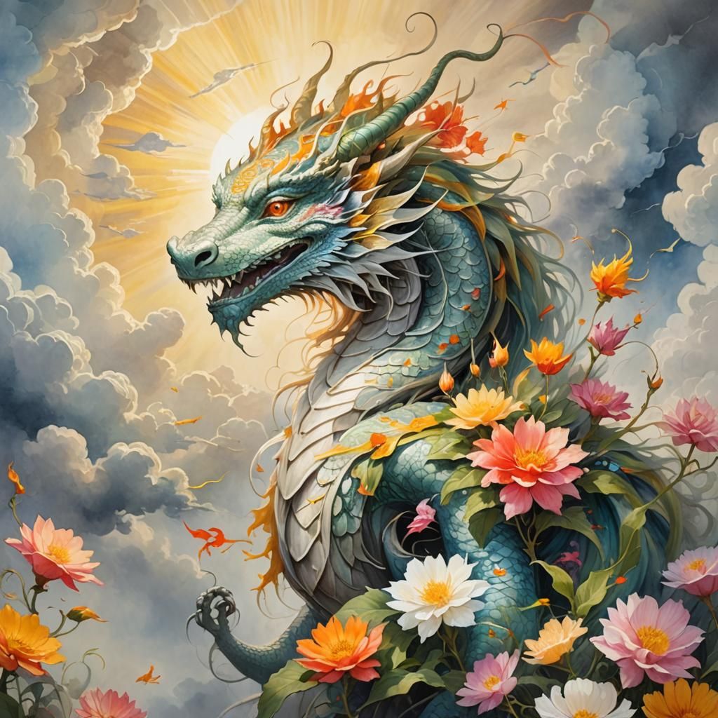 Woman with Dragon in Chinese Brush Stroke Style