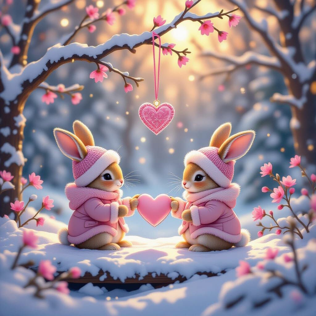 Heart Ornament with Bunnies in Winter Forest