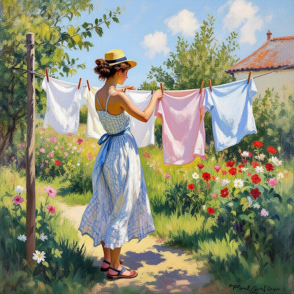 Woman Hanging Laundry: Impressionist Style Art