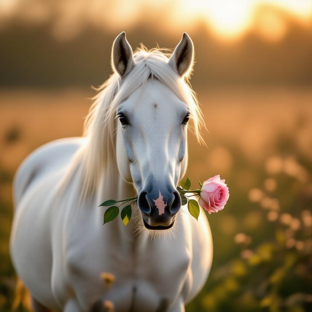 Majestic Horse Holds Pink Rose in Golden Hour Meadow