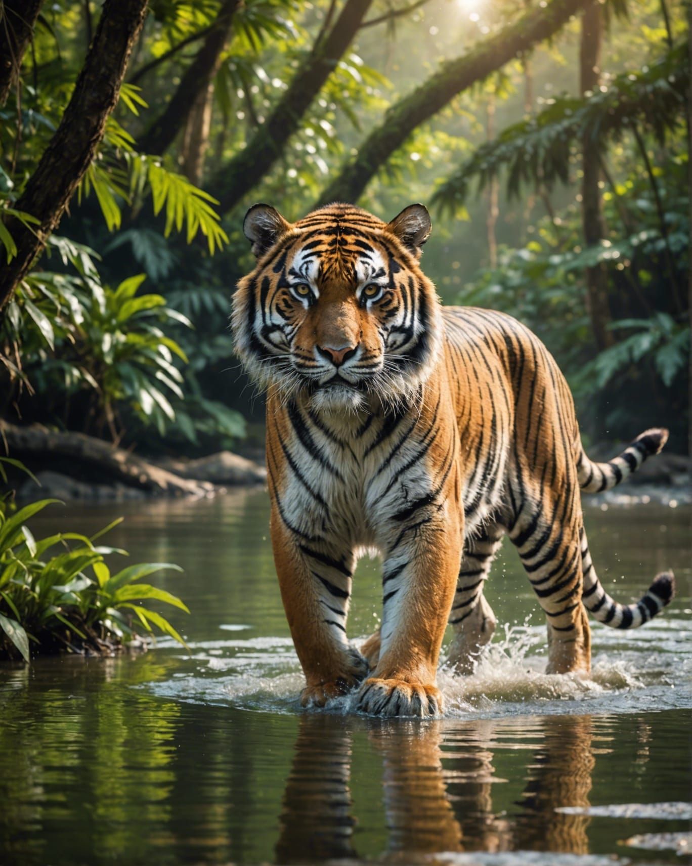 Majestic Tiger Rises from Jungle Lake: Hyperrealistic Photog...