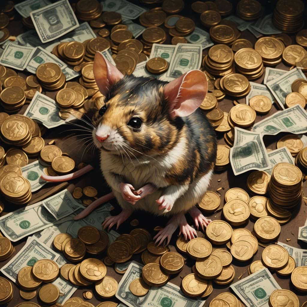 Mouse Amidst Money: Hyperrealistic Oil Painting
