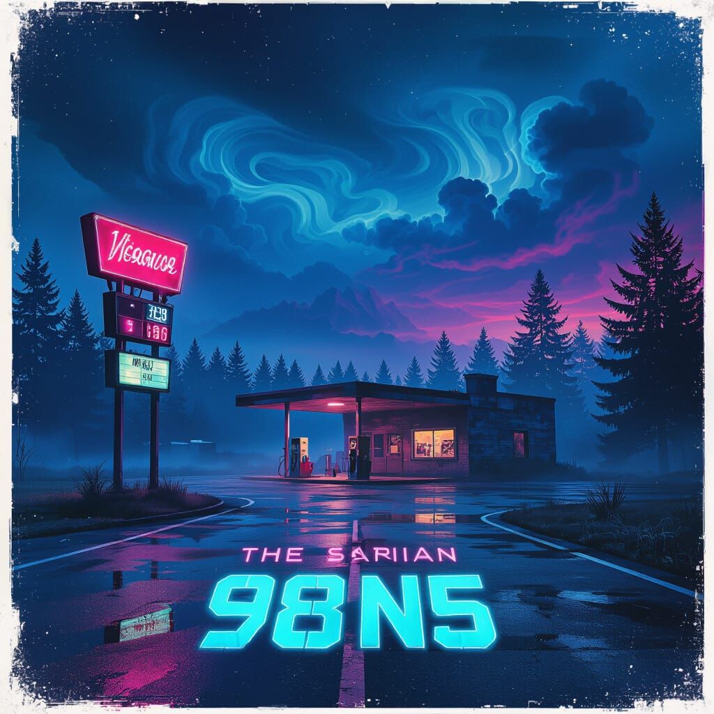 1980s Sci-Fi Horror Poster: Eerie Gas Station at Night